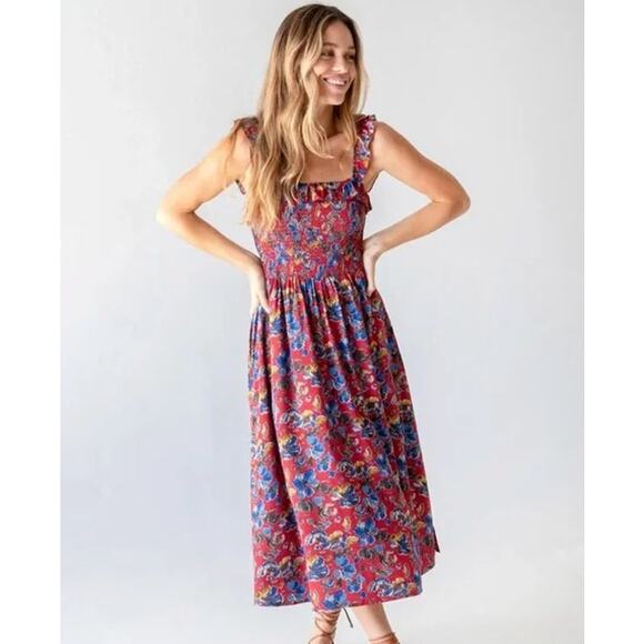 NATURAL LIFE Dresses & Skirts - Natural Life Megan Smocked Midi Dress Floral Ruffle Square Neck Sleeveless Boho